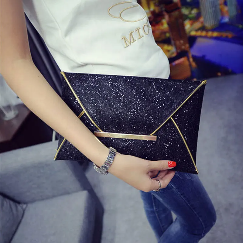 Простой Модный женский клатч конверт однотонная кожаная сумочка с блестками для