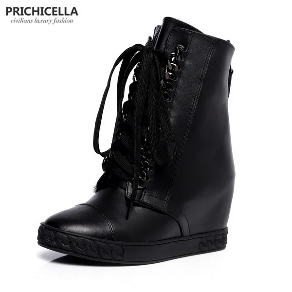 PRICHICELLA/Серебристые Ботильоны на танкетке со шнуровкой; зимние женские ботинки из натуральной кожи - Цвет: black plush inside