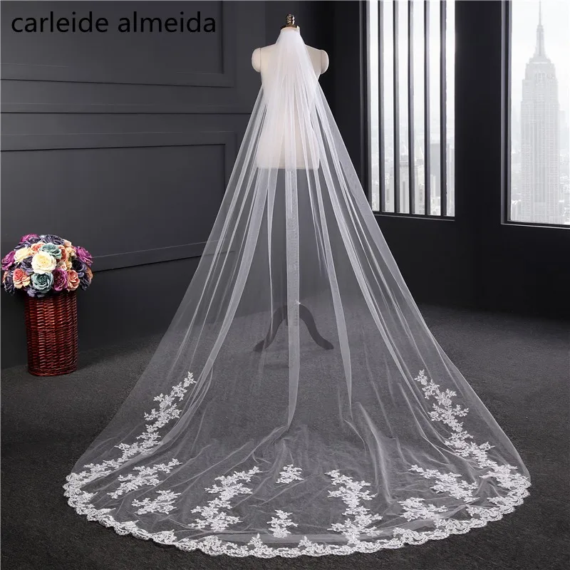 

3M length Wedding Veil Lace Appliques Veu de Noiva with Comb Bridal Veil Swiss Tulle Sluier Detalles boda