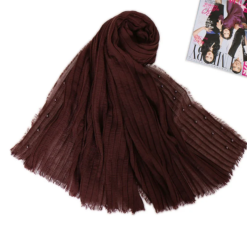 

2020 Winter Plain Wrinkle Beads Viscose Shawl Scarf Women High Quality Wrap Pashmina Sjaal Bufanda Muslim Foulard Hijab 200*90Cm