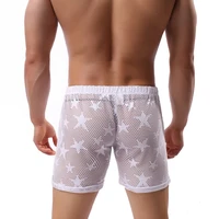 mens sexy sleepwear big mesh loose boxer brand clothing hollow see through mens home pajamas shorts sleep bottom homme pajamas
