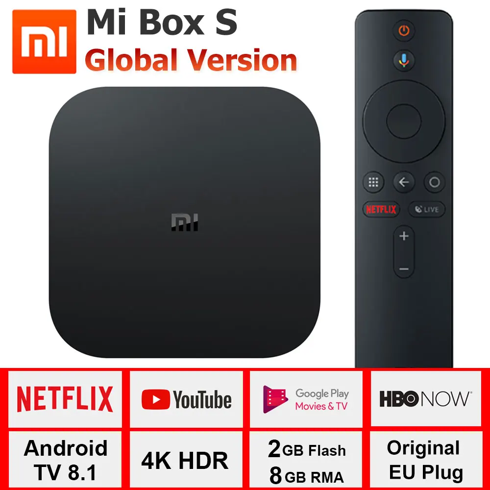 ТВ-приставка Xiaomi Mi Box S 4K Wi-Fi BT4.2 Android 8 1 четырехъядерный процессор 64 бит Mali-450 1000