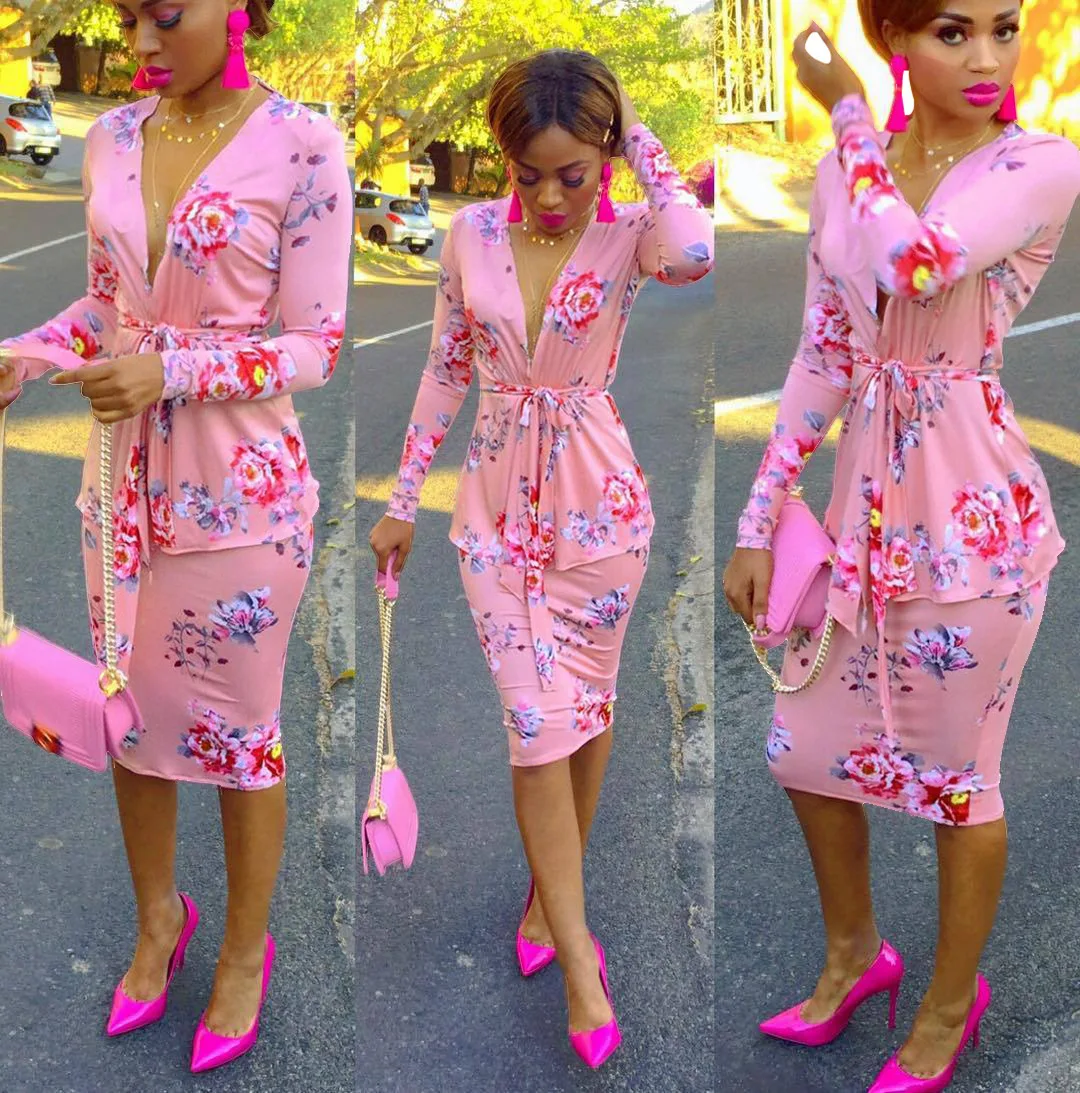 Весна 2019 новый стиль модный Африканский розовое платье с глубоким v образным