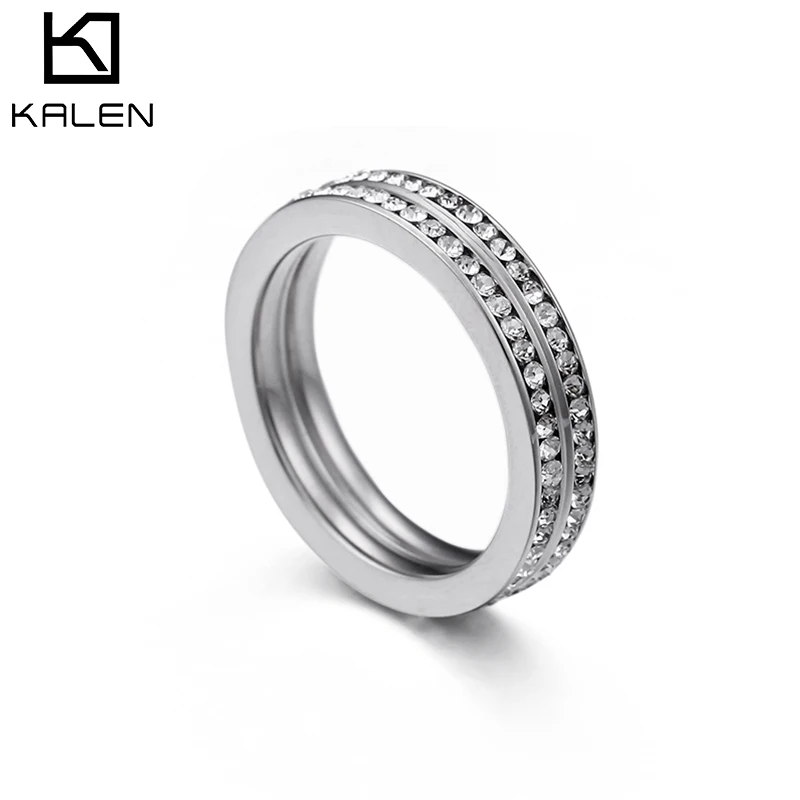 KALEN Модные кольца для женщин три цвета из нержавеющей стали и все Rhinestone кольца для пальцев Свадебные наборы женские ювелирные кольца Подарки - Цвет основного камня: Silver-silver