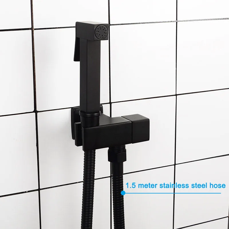 With 1.5 meter hose Матовый черный квадратный Туалет Биде Опрыскиватель комплект. Настенный латунный биде кран для ванной комнаты с кронштейном 1,5 и 3 метровый душевой шланг - Цвет: With 1.5 meter hose