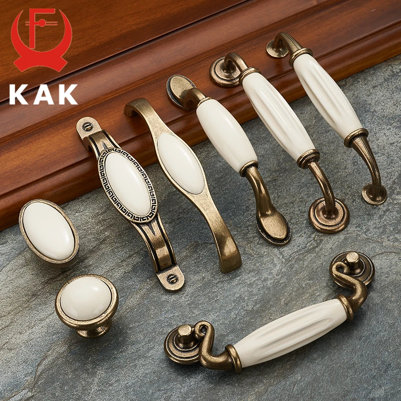 KAK 5 шт. антикварные бронзовые белые керамические ручки для шкафа ящика из