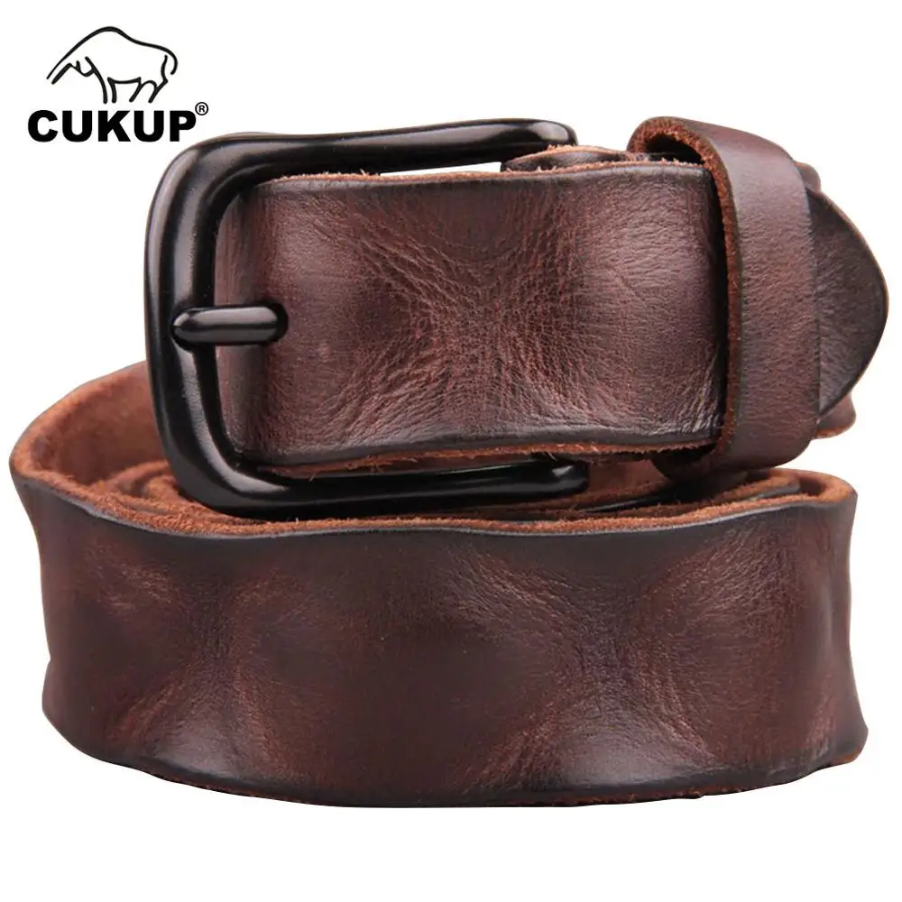 Мужской ремень из воловьей кожи CUKUP черный с волнистым узором и металлической