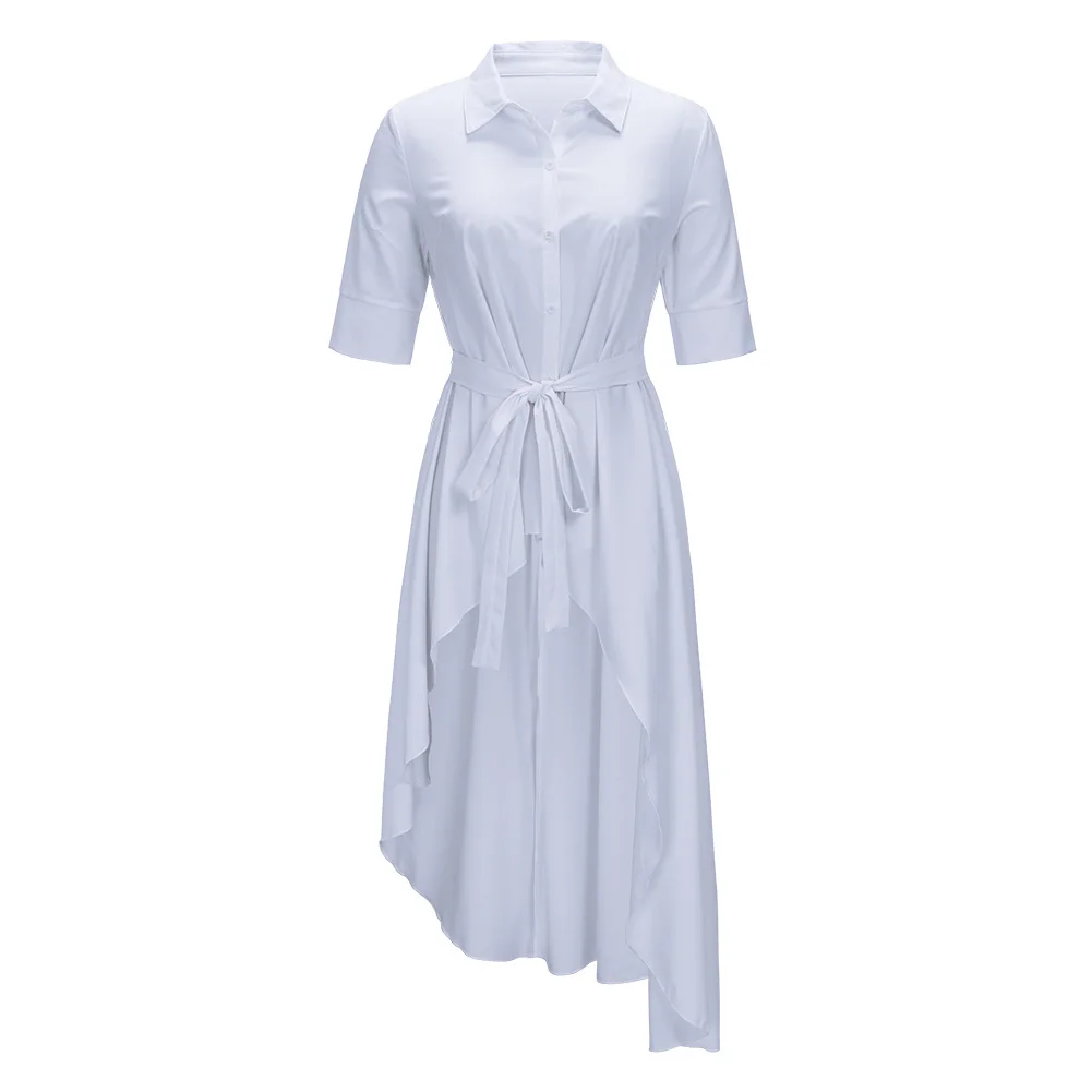 New Women Casual Elegant Short Sleeve Asymmetric Hem Flouncing High Waist Shirt Dress With Belt | Женская одежда