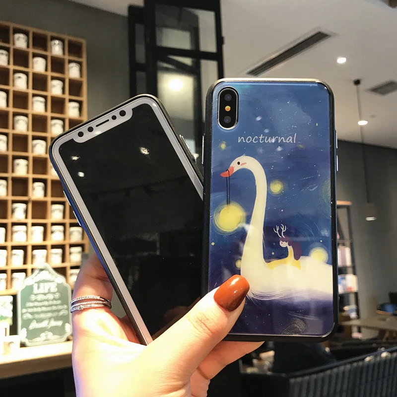 Beily Armor Tempered Glass Cover Case for iPhone X Cute Lovely Girl Swan Ultra Thin Shockproof 6 6S 7 8 Plus |