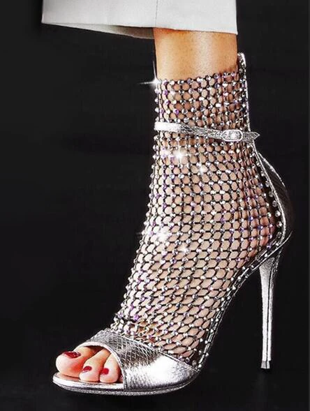 silver KALMALL Sandale Femme с пикантными вырезами сетки летняя обувь Пряжка на щиколотке блестящие туфли на высоком каблуке со стразами сережки-гвоздики со стразами дамские сандалии - Цвет: silver