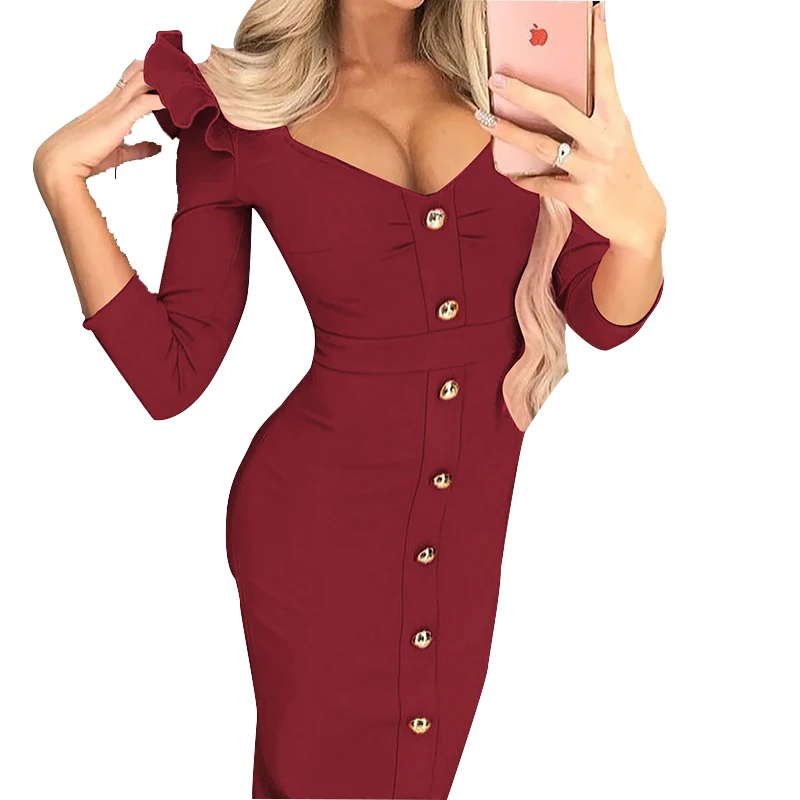 Three Quarter Skinny Button Sexy Women Dress Formal Solid Female V-Neck Split Plus Size Party Dress Elegant Office Lady M0472 - Цвет: Wine Red