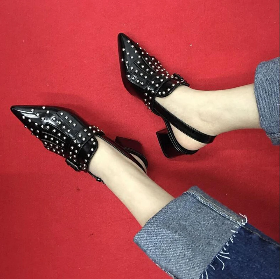 Rivet Size 4 34 Punk Block Heels Slingback Black Thick Sandals Women Summer Designer Brand Medium Shoes Stud Pointed Toe