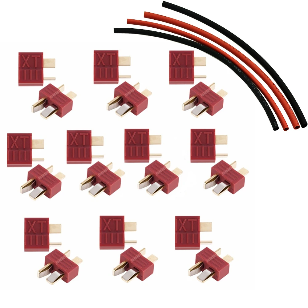 20шт (10 пар) золотые штекеры T plug с термоусадочной трубкой и антискользящим покрытием для подключения RC ESC Lipo Battery
