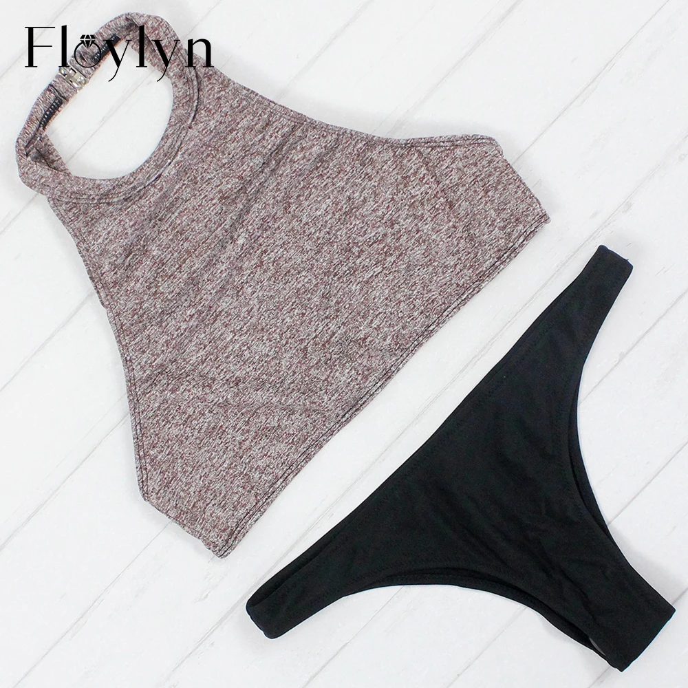 Floylyn, мягкий комплект бикини с бретелькой через шею, сексуальный укороченный топ с высоким воротом, купальник,, спортивное бикини, Бразильское бикини высокого качества, пуш-ап