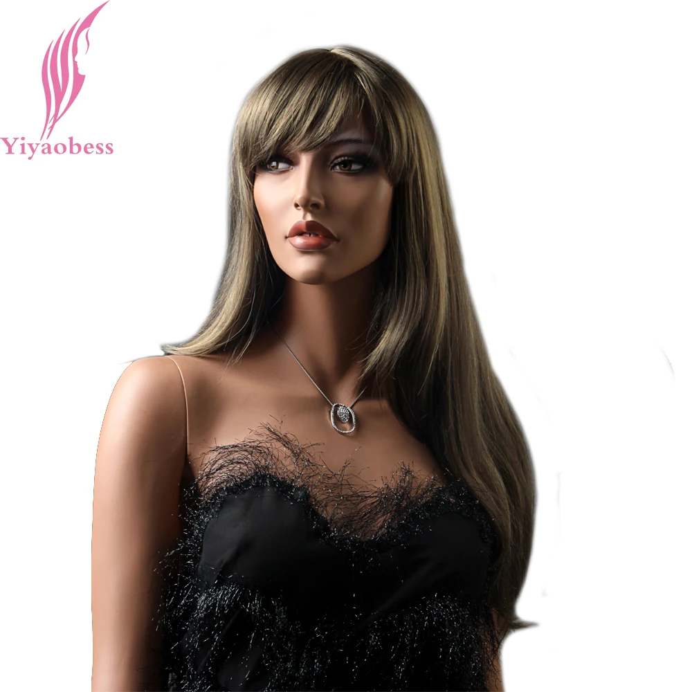 

Yiyaobess Japanese Fiber 26inch Mix Brown Wig Long Wavy Wigs For Women Synthetic Natural Hair Wig With Bangs