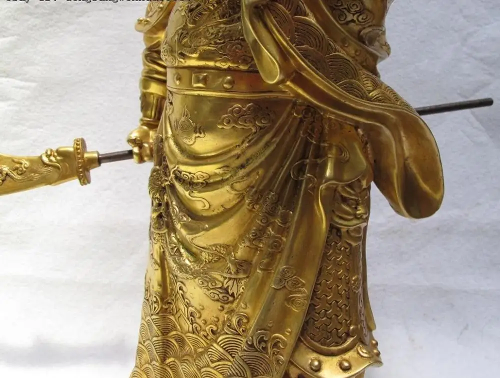 Китай Фиолетовый Бронзовый 24K золотой Guan Gong Yu воин держать дракона меч статуя |