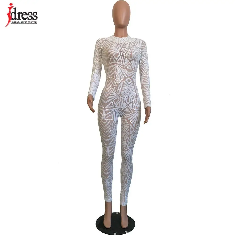 Белый IDress, Осенний женский черный комбинезон с блестками, сетчатый прозрачный боди, модный белый сексуальный комбинезон с длинным рукавом и комбинезоны - Цвет: Белый