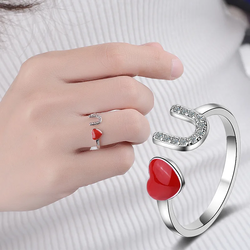 

100% 925 sterling silver romantic red LOVE YOU heart crystal women wedding gift ladies`finger rings jewelry no fade open ring