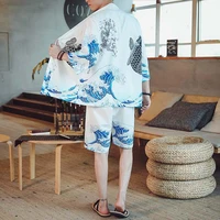 m 4xl 4 colors 34 sleeve kimono shirt short set for men casual two piece summer japanese streetwear printed 2 peice sets xxxxl