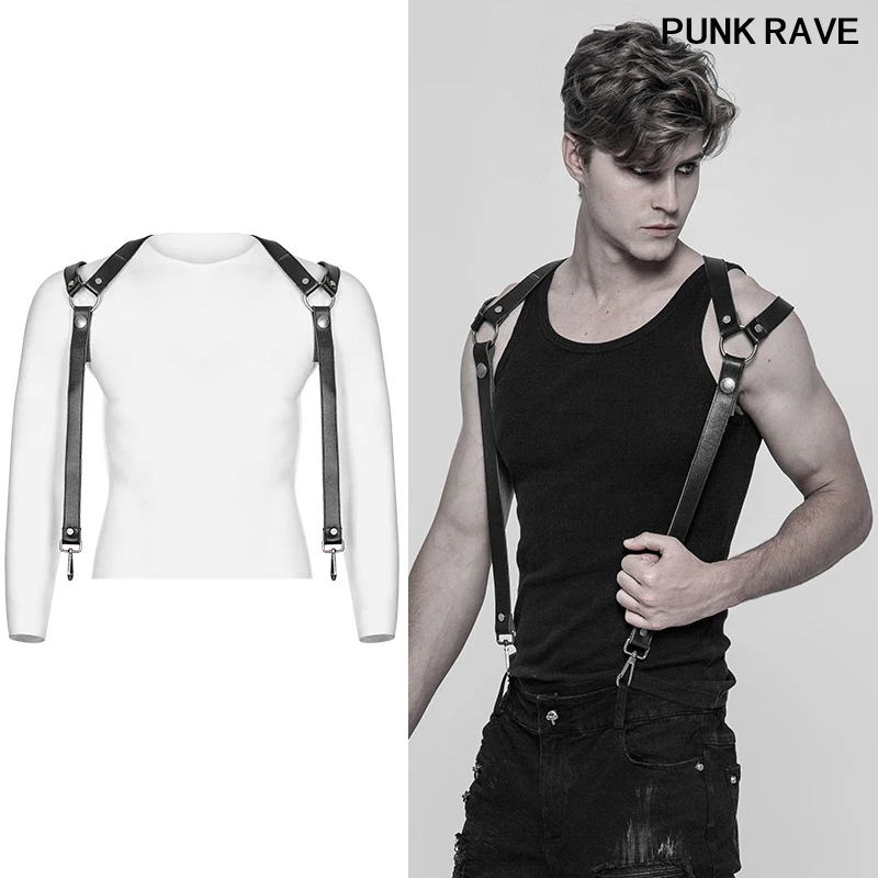 

Штаны в стиле панк рок с плечевым ремнем аксессуары классического черного цвета плотная жесткая, экокожа (полиуретан), металл, крючки, стано...