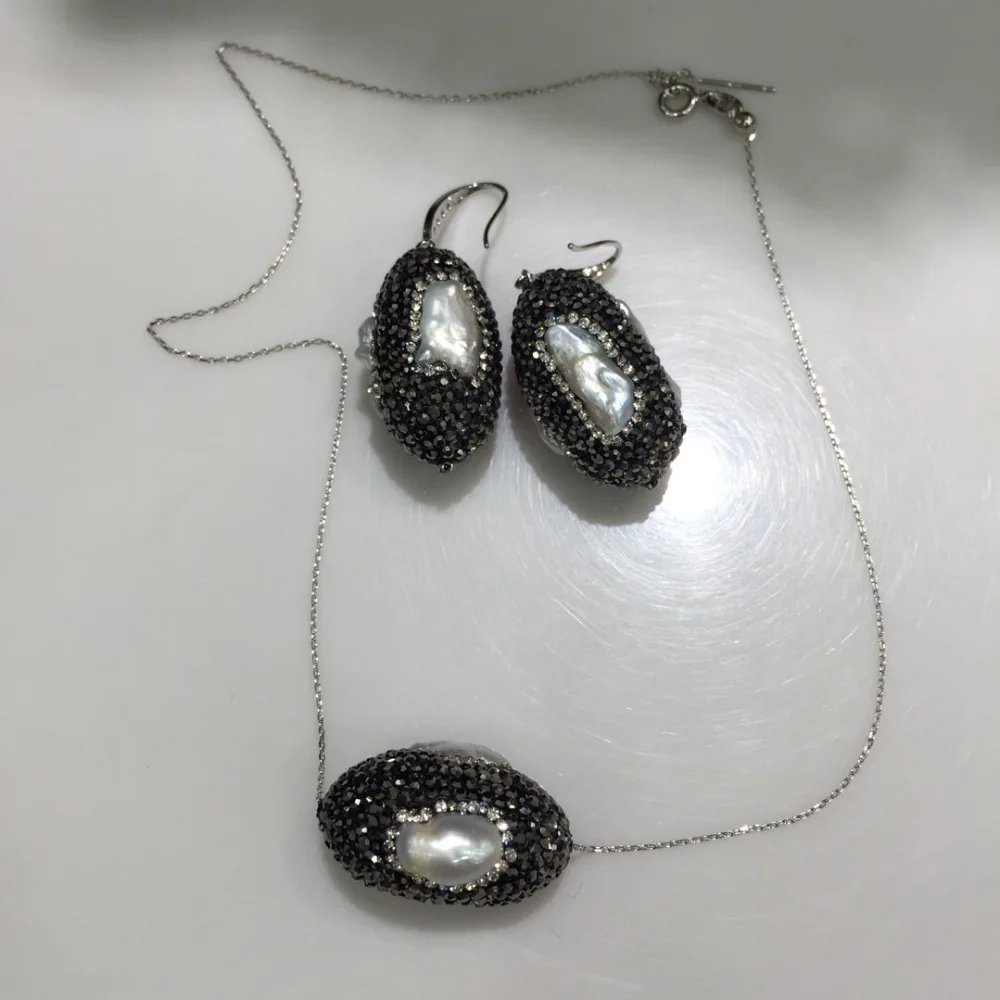 jewelry set necklace and earring natural fresh water pearl pendant drop fashion women |