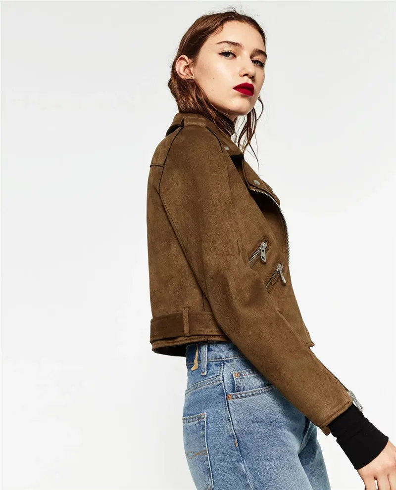 Женская замшевая куртка на молнии однотонная байкерская из искусственной кожи с