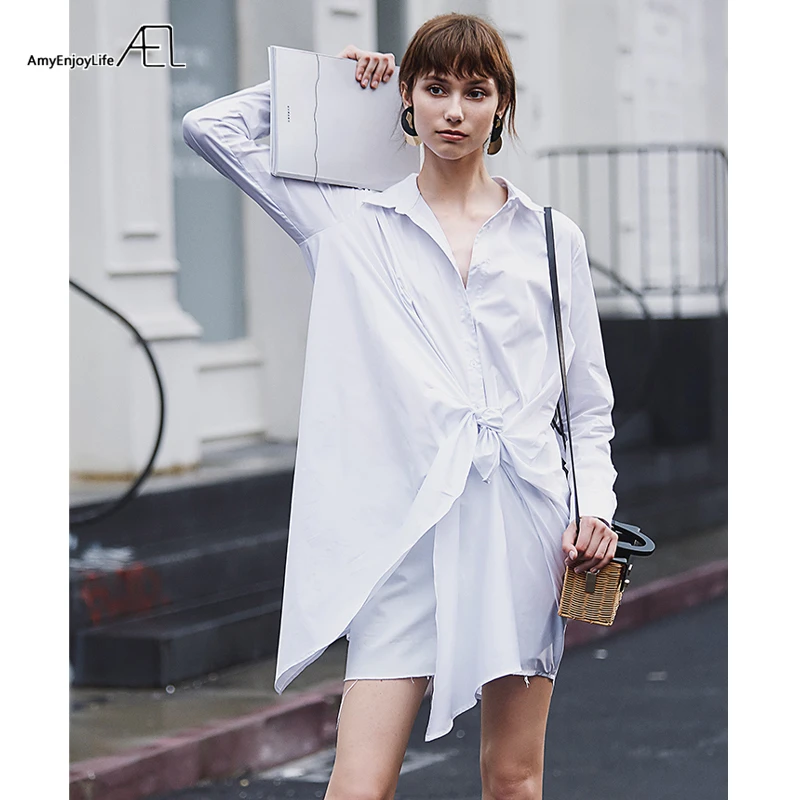 Женское платье-рубашка AEL белое мини-платье с длинным рукавом и отложным