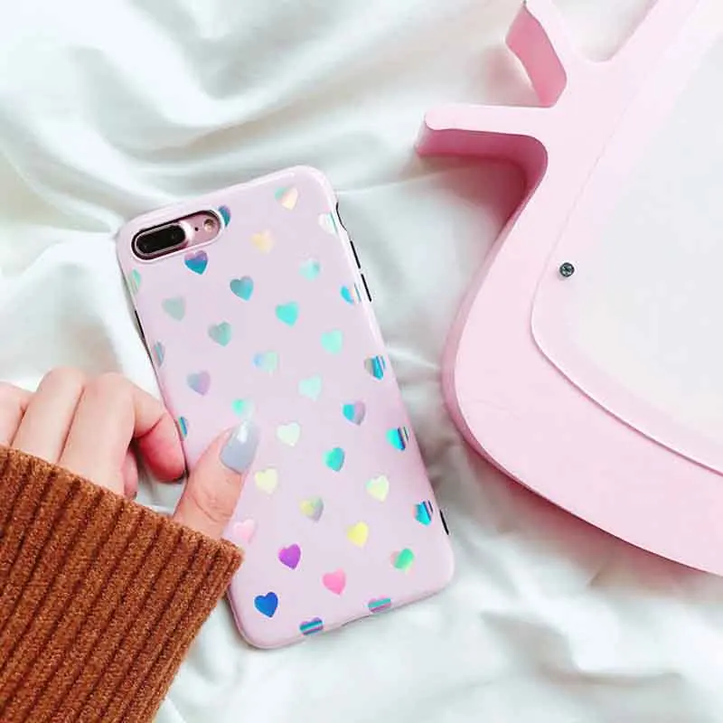 Модный Лазерный розовый черный чехол для телефона с сердечками iPhone X 7 Plus 6 6S 6Plus 8