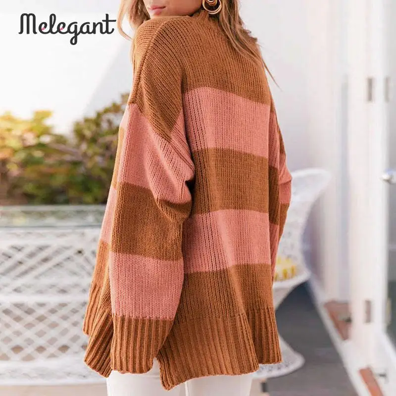 Melegant Stripe Patchwork Loose Casual Winter Sweater Women Knitted Knitwear Femme Sweaters Pullover Plus Size | Женская одежда