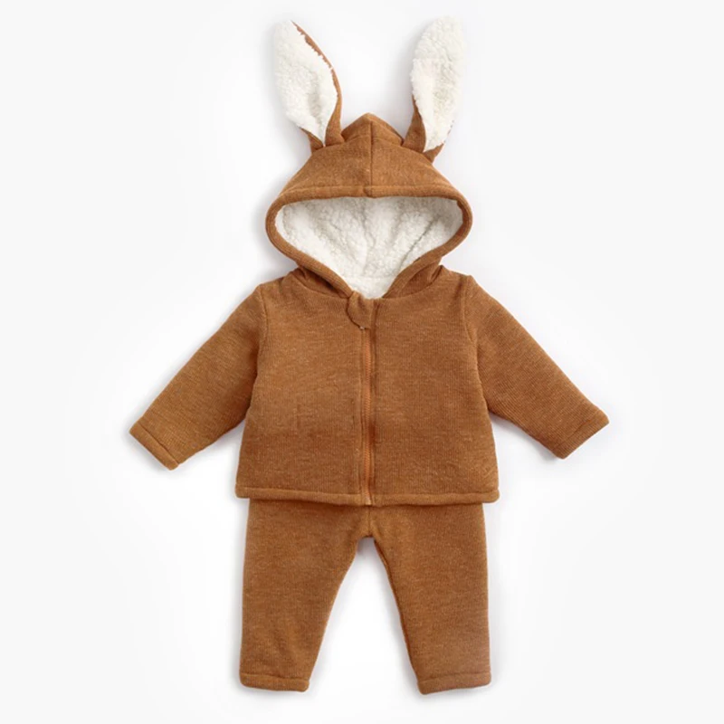 

Autumn Winter Baby Boys Add Wool Long Sleeves Rabbit Ears Hoodie + Trousers Sets Kids Clothes Girls Outfits Suits Clothing Sets