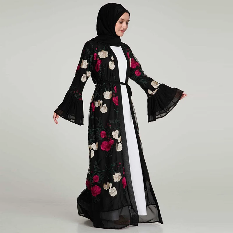 Plus Size Women Kimonos Mujer Vetement Femme Long Abaya Chifffon Embroidery Floral Kimono Cardigan Roupa Feminina Clothing