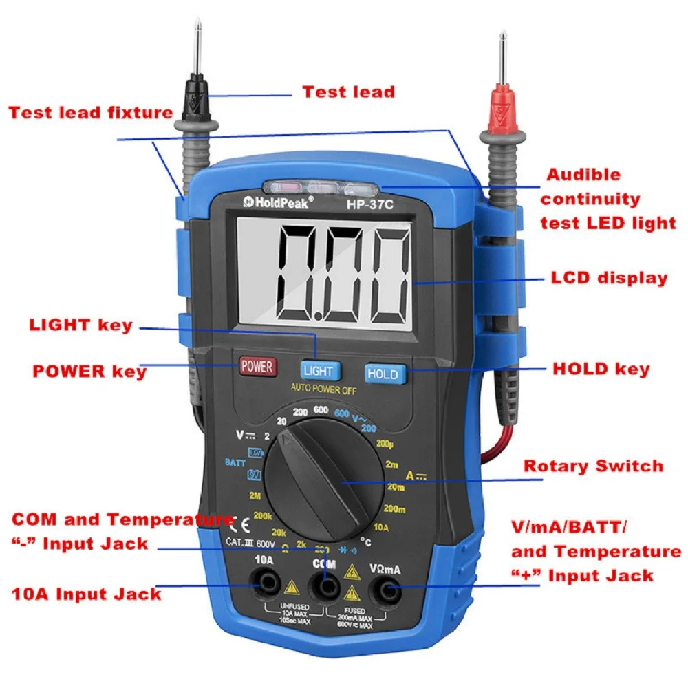 HoldPeak HP-37C True RMS цифровой мультиметр 6000 отсчетов ESR тестер AC DC Напряжение Ток Ом Температура частота NCV метр