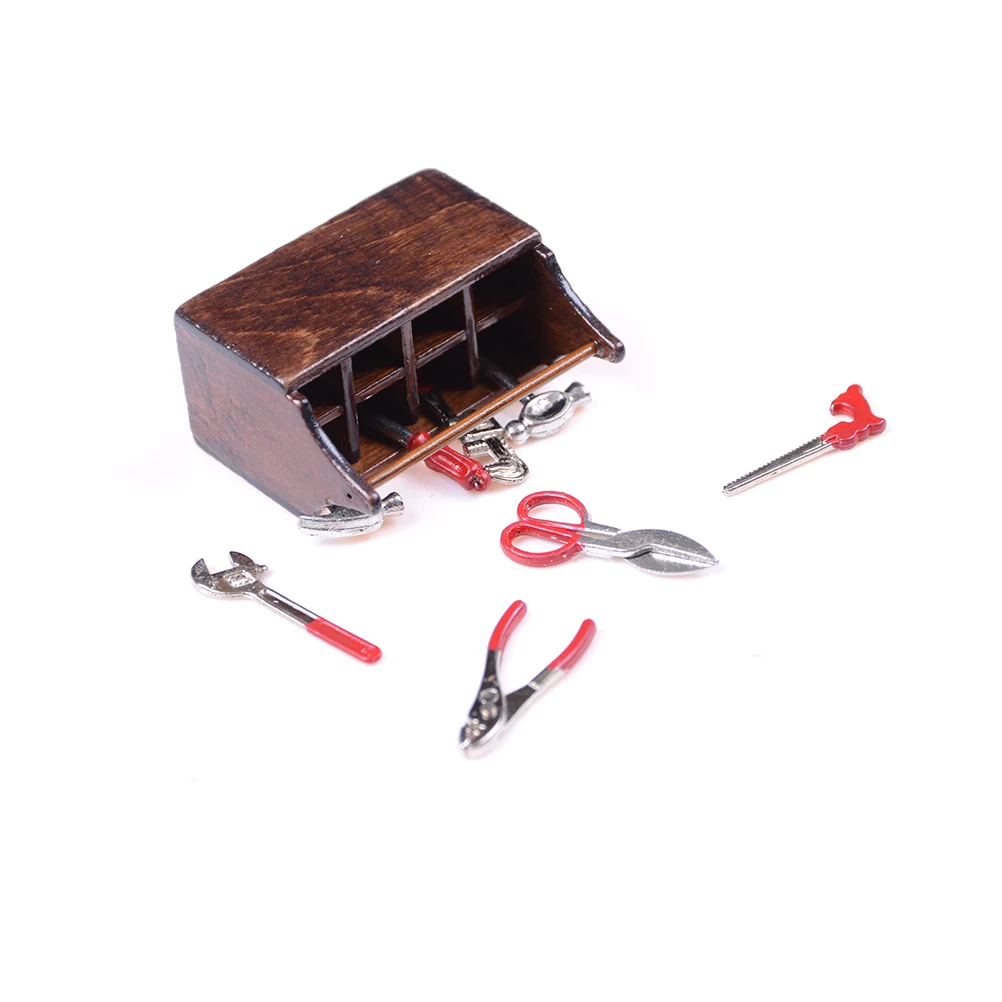 

Doll House Accessories Dollhouse Miniature Wooden Toolbox with Metal Tools Set Repair Kits Decoration for Furniture Toys 1/12