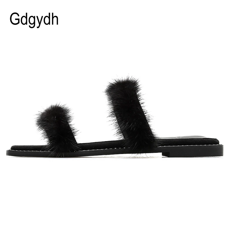 Женские шлепанцы Gdgydh, черные/бежевые уличные шлепанцы в стиле "панк", с натуральным мехом, на плоском каблуке, с заклепками, черного и бежевого цвета, на лето