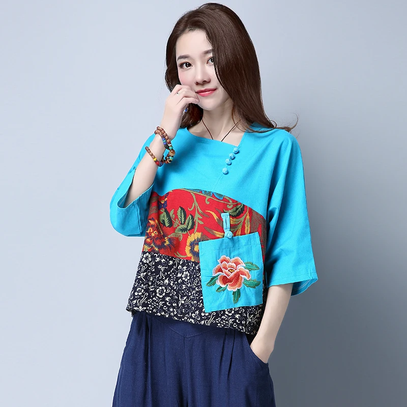 Женская рубашка из хлопка и льна с вышивкой рукавом до локтя|sleeve women|plus size blousesblouses