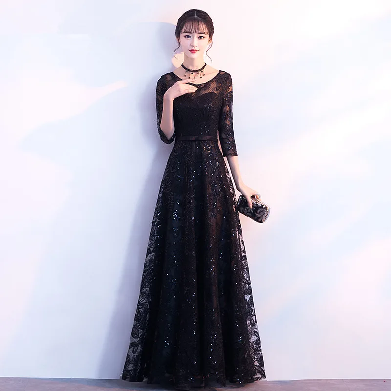 Banquet evening dress 2019 summer new black long section was thin fashion atmosphere host dinner qipao Size S-XXL | Тематическая