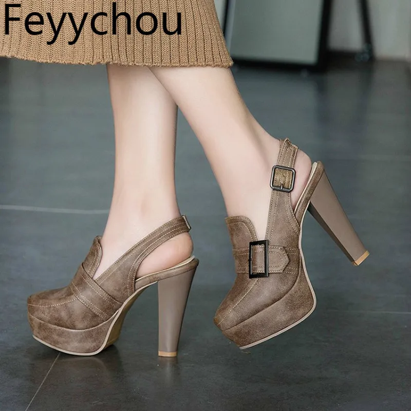 Женские туфли лодочки на очень высоком каблуке с круглым носком пряжкой толстом