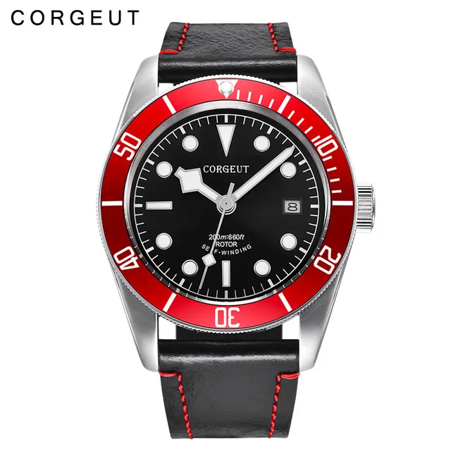 Автоматические Мужские часы Corgeut Military Schwarz Bay наручные часы кожаные lume водонепроницаемые спортивные мужские часы для плавания Relogio Masculino - Цвет: white red bezel