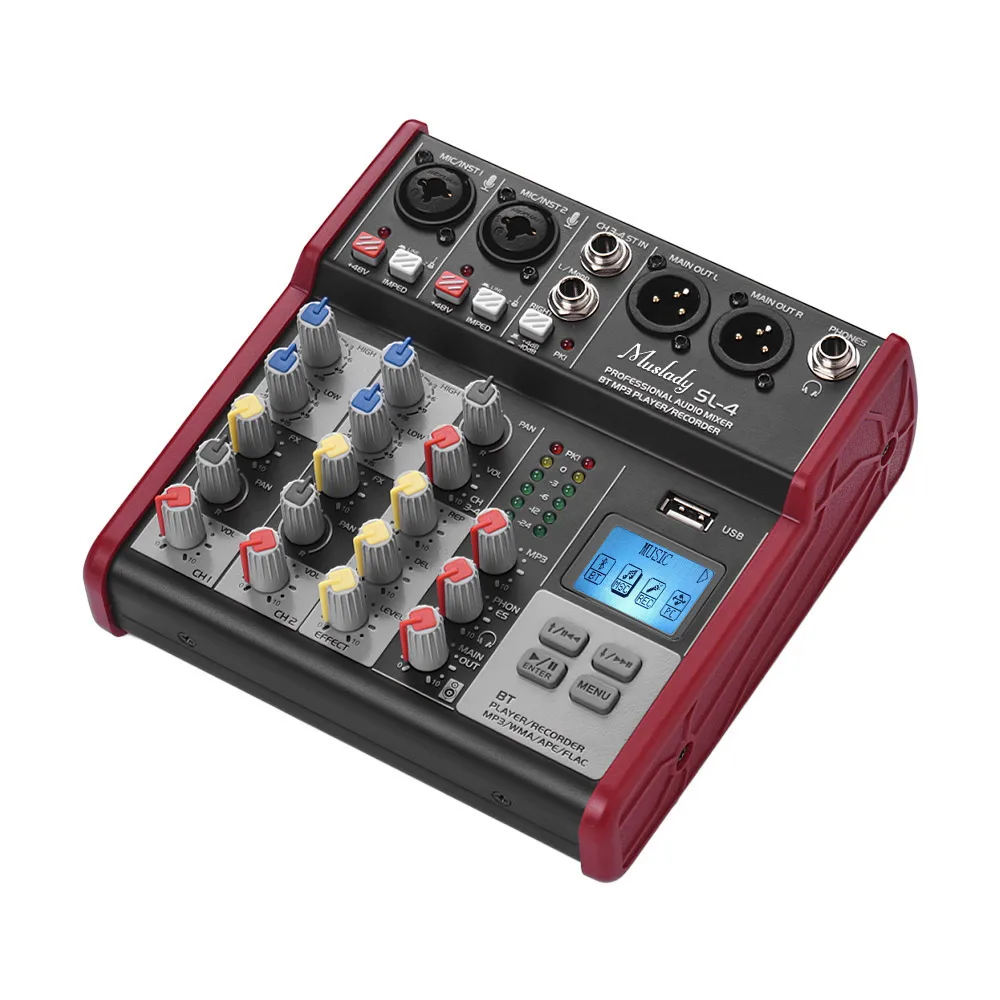 Muslady SL-4 компактный Размер 4 канала смешивания консольный микшер 2-полосным эквалайзером встроенный 48V Phantom Мощность поддерживает подключения BT USB MP3