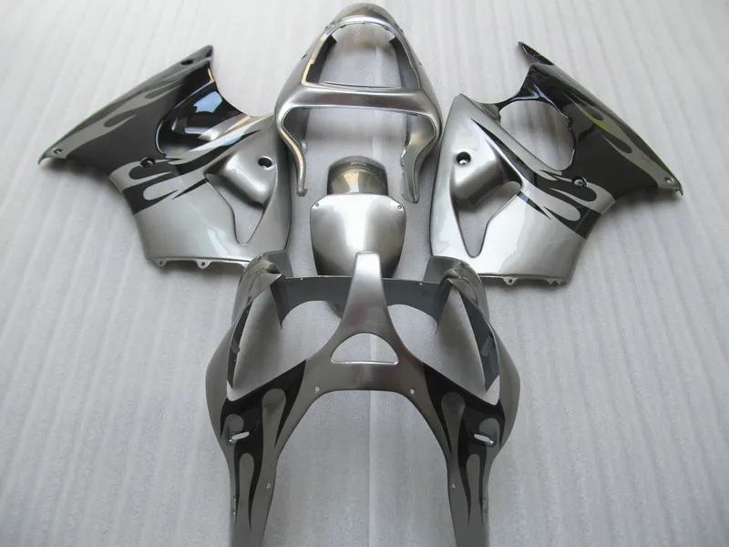 

Fairing kit for Kawasaki ninja ZX 6R 2000-2002 black flames in silver aftermarket ZX-6R zx6r 00 01 02 fairings set SH27
