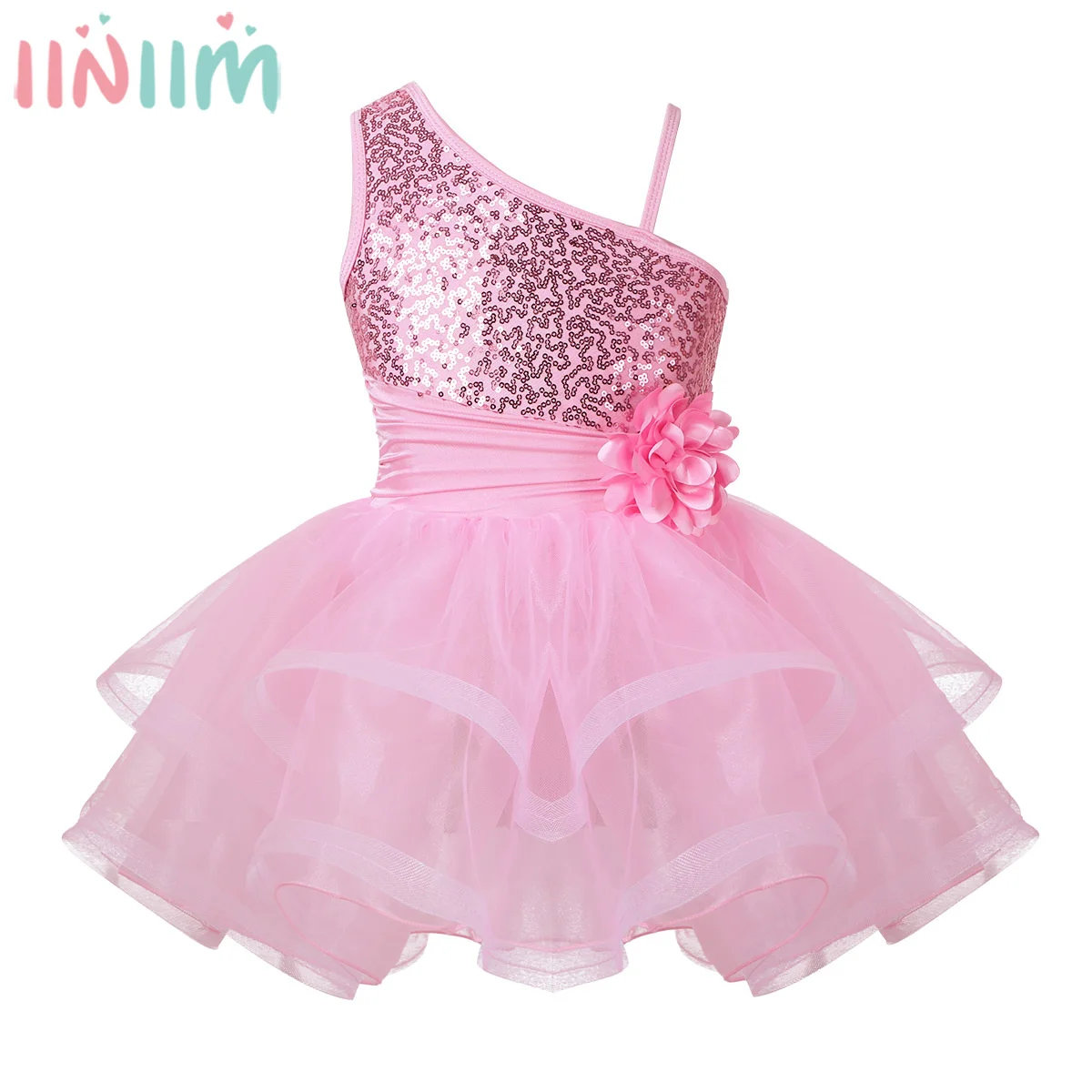 iiniim Flower Girls Dress One-Shoulder Sequins Reflective Costumes Ballerina for Kids Ballet Dance Gymnastics Leotard Tutu | Детская