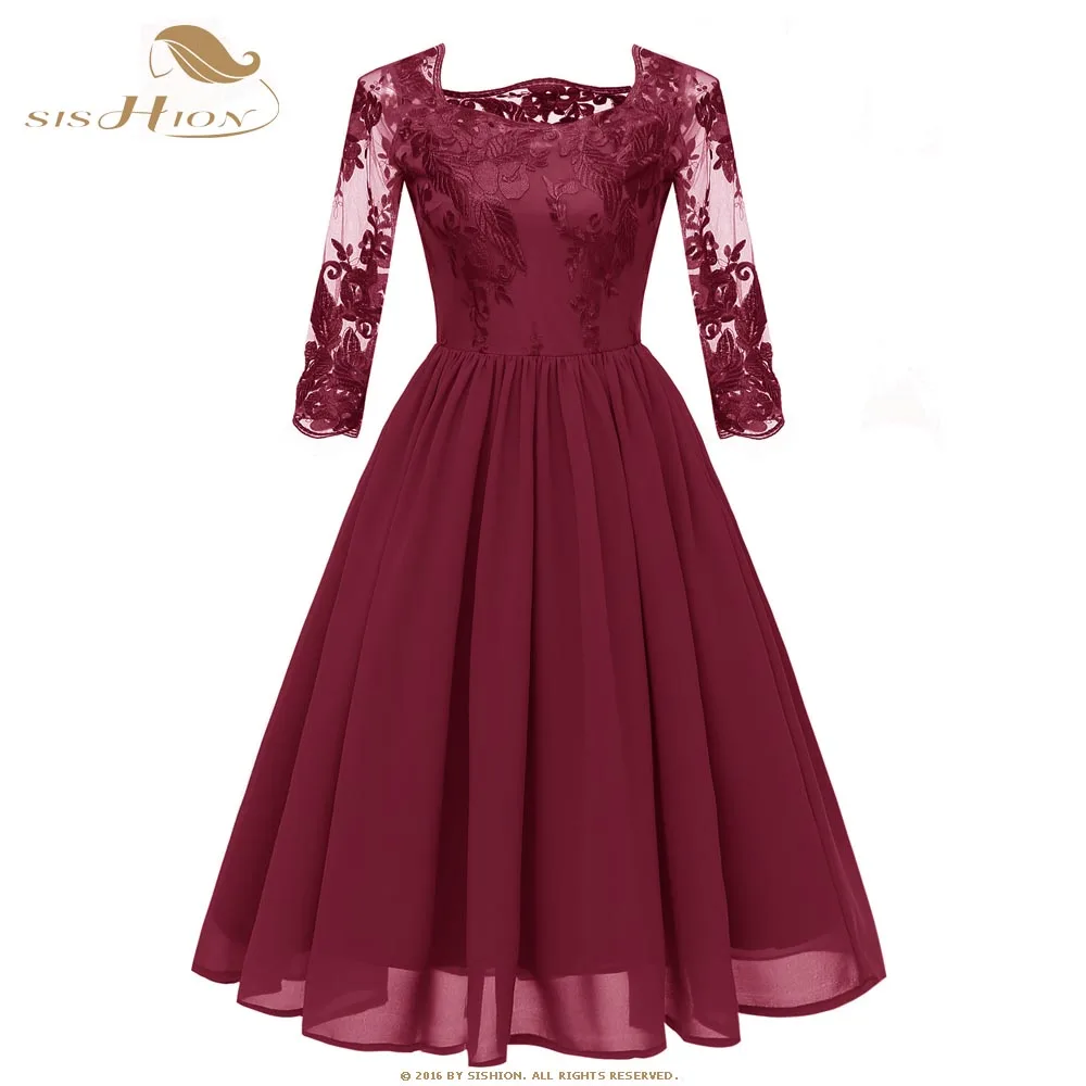 

SISHION Elegant Chiffon Dress CD1663 2021 Women Spring 3/4 Sleeve Embroidery Lace Vintage Party Navy Blue Wine Red Grey Dress
