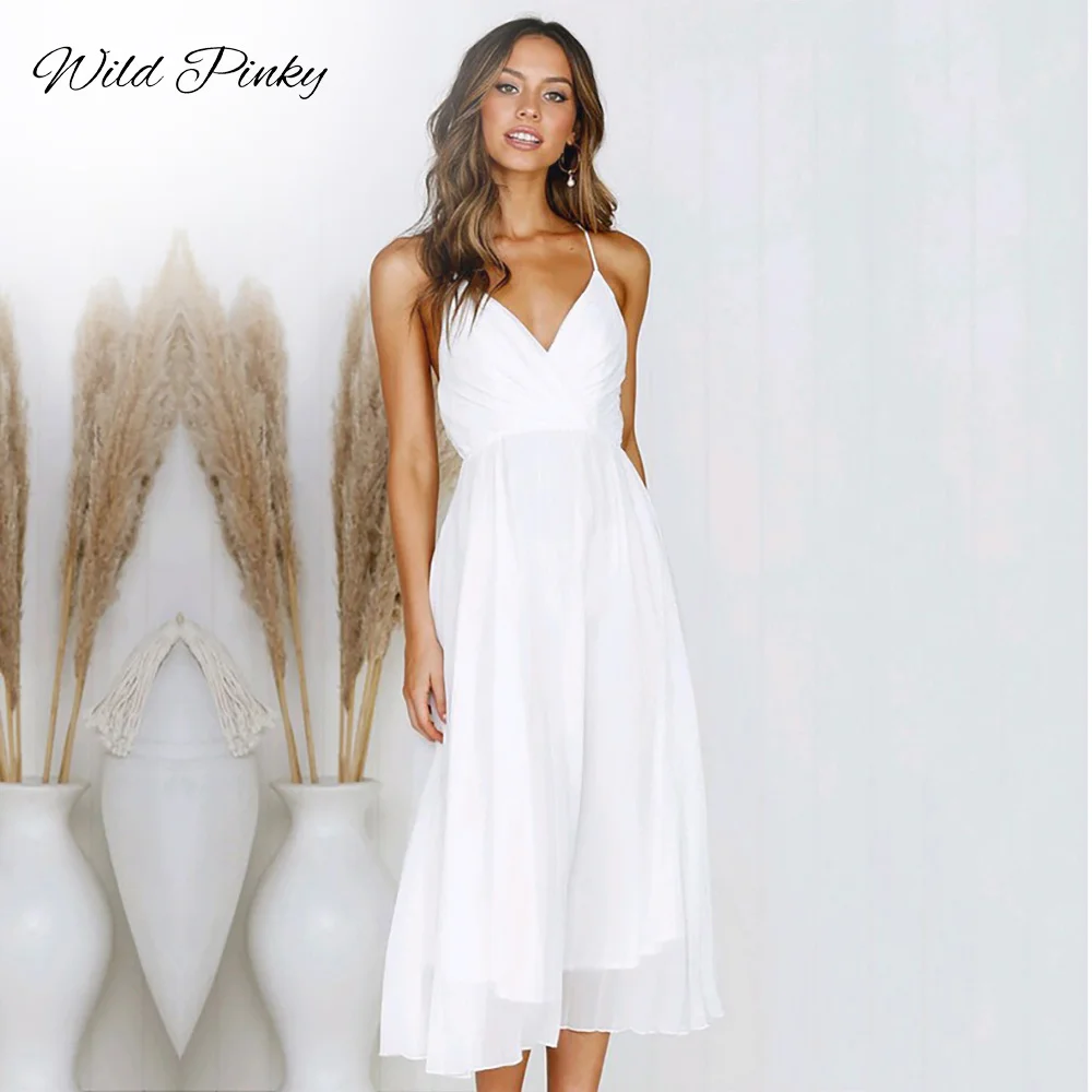 WildPinky 2019 летнее однотонное платье на тонких бретельках винтажные вечерние платья