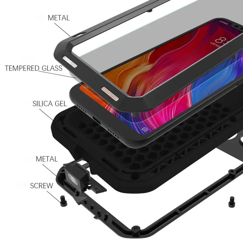 Luxury Full Body Protective Metal Armor Case For Xiaomi Mi 8 Mi8 +Gorilla Glass Rugged Heavy Duty Shockproof |