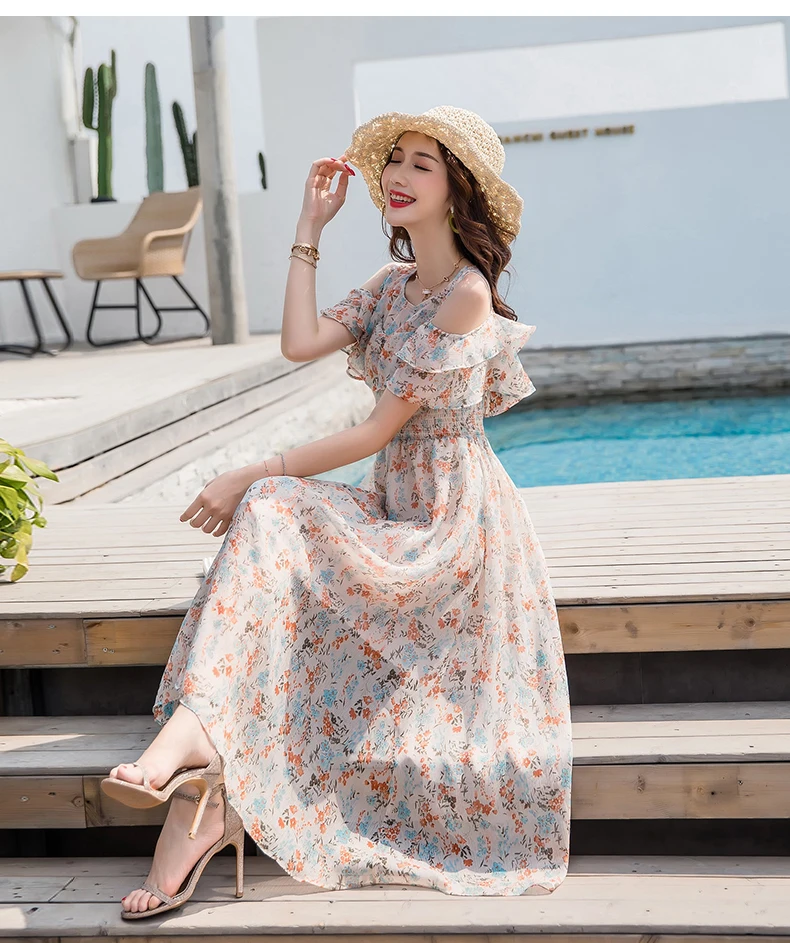 

2019 Summer Fashion Chiffon Slim Long Dress Women High Waist Kawaii Off Shoulder Floral Printed Boho Beach Dress Lacer Girls