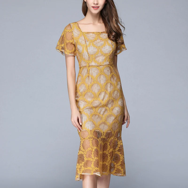 Элегантный 2017 лето новая мода женщины перспектива кружева с коротким рукавом