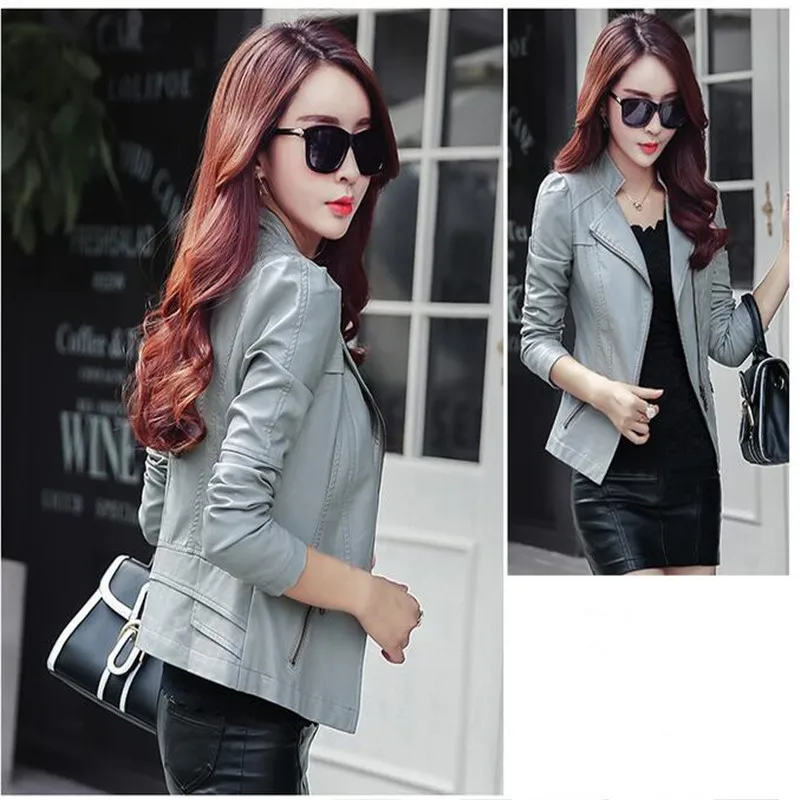 

Solid Faux Womens Leather Jackets and Coats Slim Large Size Ladies Tops Zippers Fashion Red Motorcycle Biker Pu Outerwear A3067