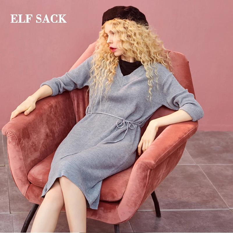 Женское платье с длинным рукавом ELFSACK осеннее до колена О-образным вырезом для