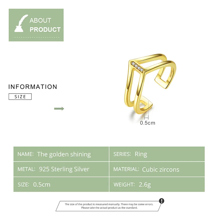 bamoer V shape Double Layer Finger Ring for Women 925 Sterling Silver Gold Color Fashion Korean Style Jewelry BSR040