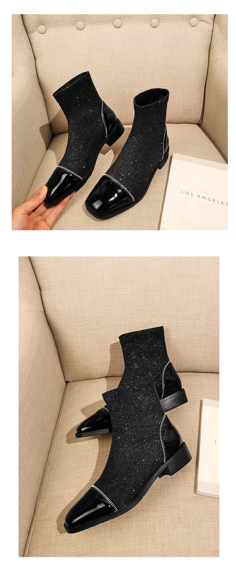 women Ankle boots Genuine Leather 22-25 cm feet length ankle boots for women cow patent leather+ Lycra fabric shoes woman